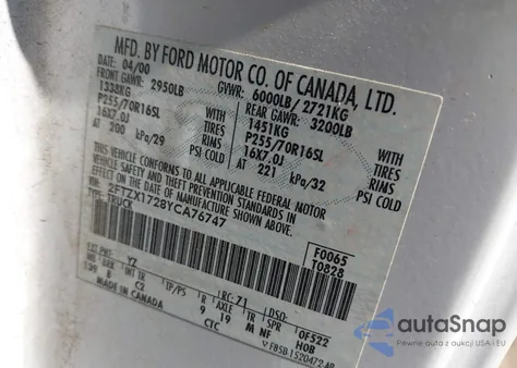 2000 Ford F-150 Work Series/Xl/Xlt from USA, damaged, VIN 2FTZX1728YCA76747